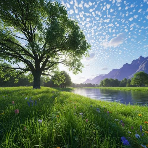 Tranquil Nature Landscape with Majestic Tree, River, and Mountains