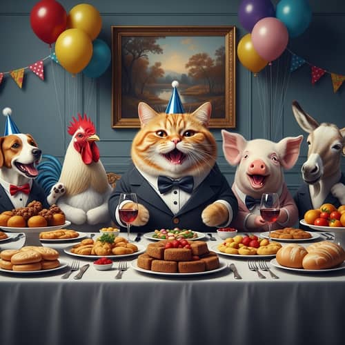 Hyperrealistic British Cat in Tuxedo at Feast with Friends