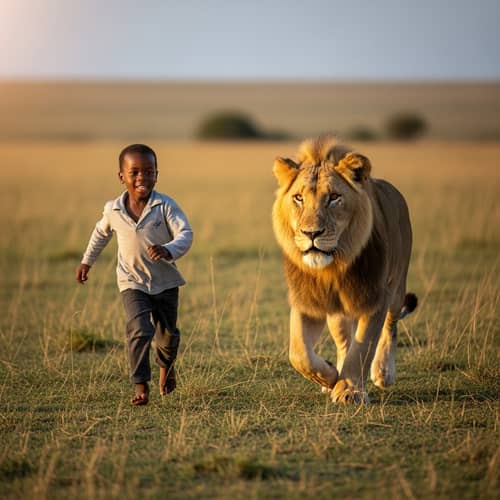 Playful Encounter: Boy Chasing Lion in Adventurous Act