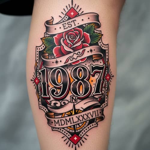 Neotraditional Style Leg Tattoo with Numbers
