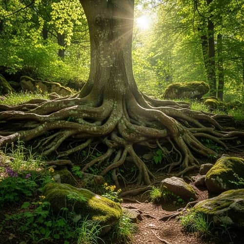 Lush Forest Scene with Tree Roots | Natural Beauty