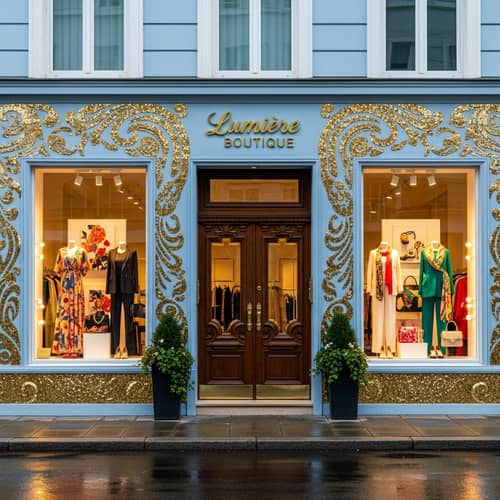 Stylish Clothing Store with Blue & Gold Facade | Latest Fashion Trends