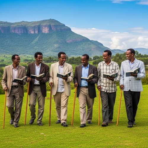 Diverse Ethiopian Fathers Strolling with Books and Church Sticks