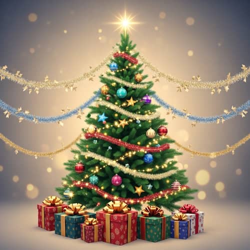 Whimsical Christmas Tree with Colorful Ornaments and Gifts