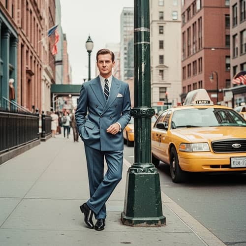 Suave Gentleman in Tailored Blue Suit on Metropolitan Street