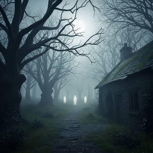 Eerie English Folklore: Moonlit Path Through Misty Forest