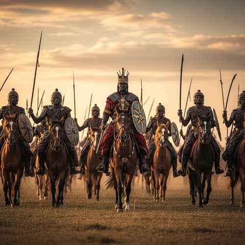 African Cavalry Riding Across Sunlit Savanna - Majestic Scene