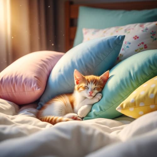 Sleeping Kitten Surrounded by Colorful Pillows on Plush Bed Sleeping Kitten Surrounded by Colorful Pillows on Plush Bed