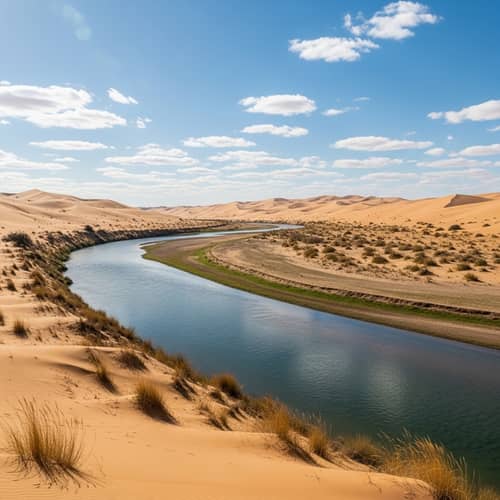 Shimmering River in Vast Desert Landscape - A Symbol of Hope