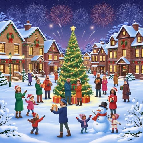 Festive Holiday Scene with Diverse Community Celebrating
