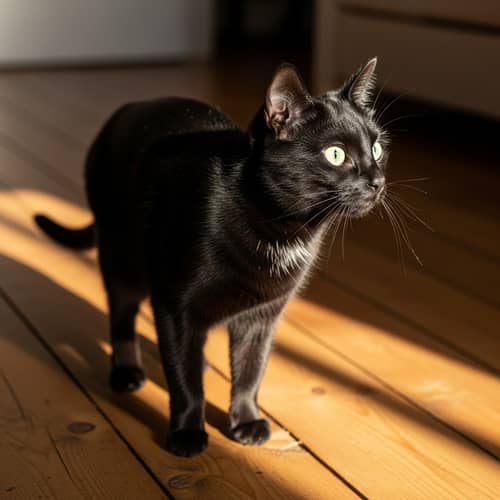 Sleek Black Domestic Short Hair Cat Gazing Curiously