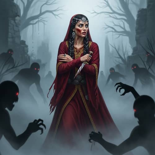 Medieval Woman in Terrifying Shadow Monster Environment