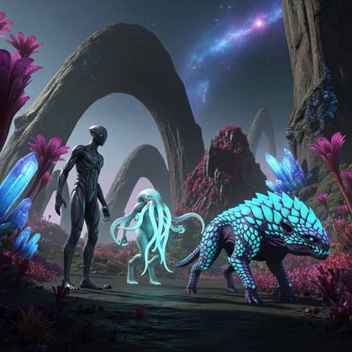 Imaginary Alien Creatures in Surreal Extraterrestrial Environment