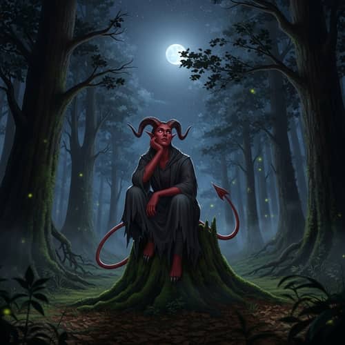 Devilish Figure on Tree Stump Gazing at Night Sky