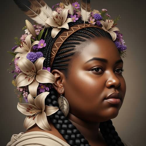 Realistic Antique Black Woman Portrait with Purple Flowers