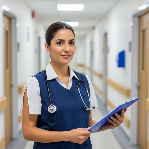 Professional Hispanic Female Nurse in Scrubs Holding Clipboard