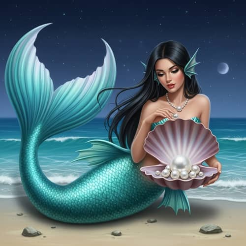 Enchanting Mermaid at Seashore with Turquoise Tail and Shimmering Pearls