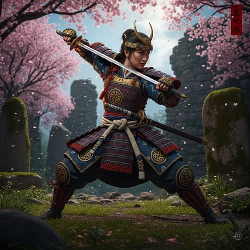 Japanese Celtic Female Warrior in Samurai Armor and Celtic Symbols