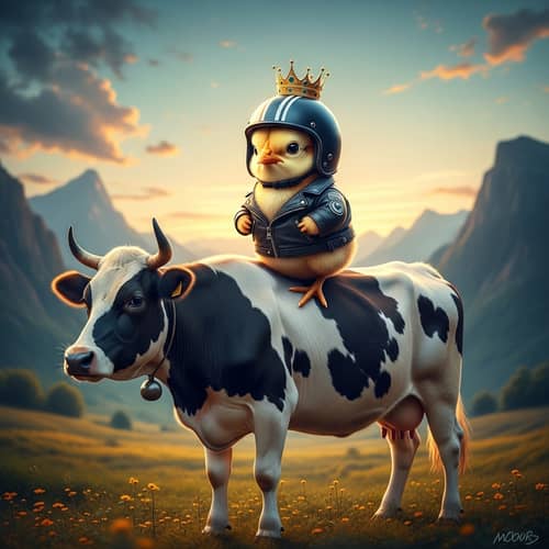 Adorable Chick in Biker Jacket Riding Cow | Fantasy Landscape