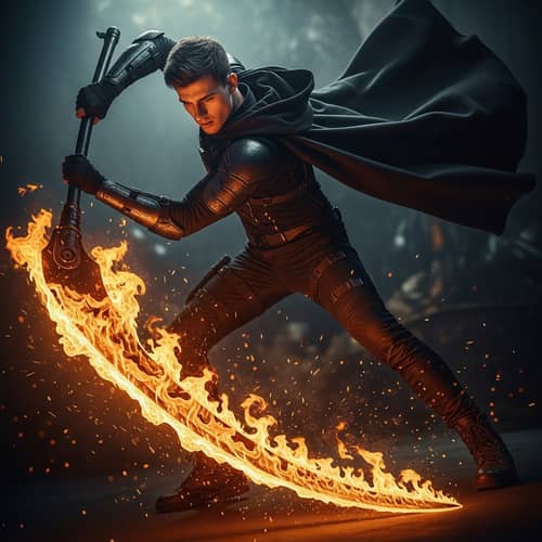 Flaming Scythe Wielding Young Man Slashing Downwards