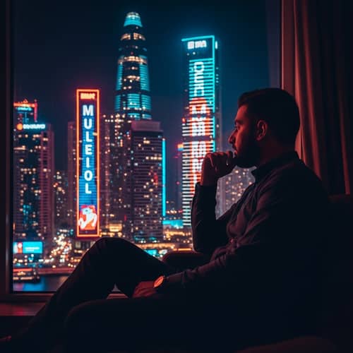 Man Looking Out Window at Neon Skyscrapers | City's Electrifying Energy