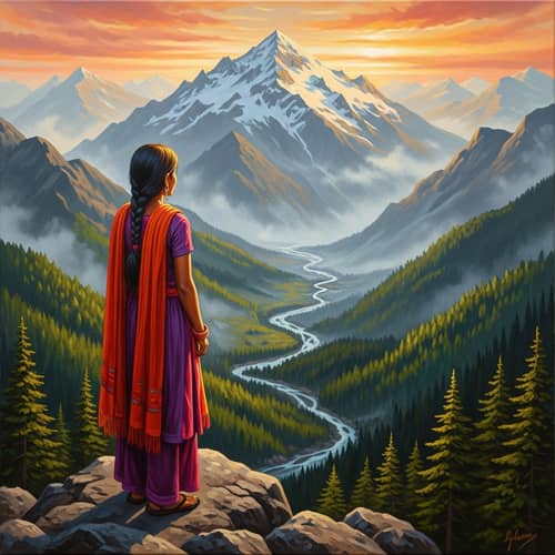 South Asian Girl Oil Painting on Snow-Capped Mountain