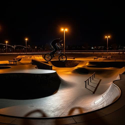 BMX Bike Tricks at Skate Park - Nighttime Street Lamps