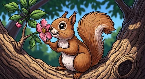Charming Squirrel Smelling Flower on Tree Branch | Cell Shading Art