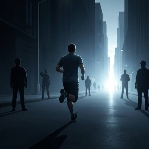 Determined Man Running Through Dark City towards Light