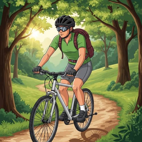 Athletic Cyclist in Green Jersey Riding Silver Mountain Bike