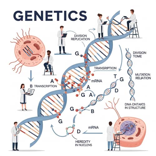 Genetics Educational Illustration: DNA Helix, Genes, Transcription