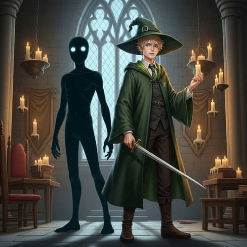 Young Wizard and Mysterious Companion in Magical School Setting