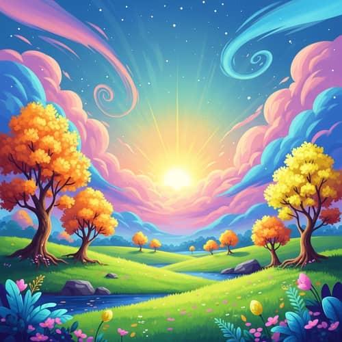 Ethereal Landscape Painting: Vibrant Fantasy World in Pastel Colors