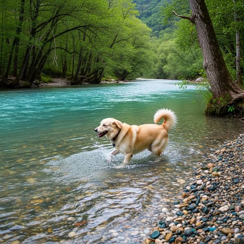 Adorable Mixed Breed Dog Playing by Tranquil River