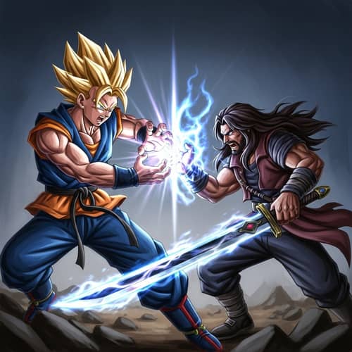 Sangoku vs. Geralt of Rivia Fusion Battle in Vibrant Anime Scene