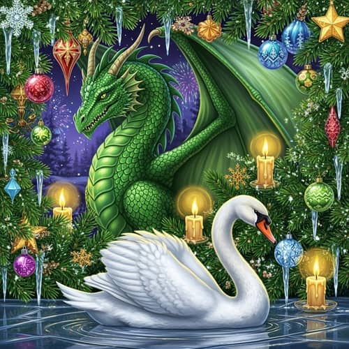 Emerald Dragon and Swan in Enchanting New Year's Scene