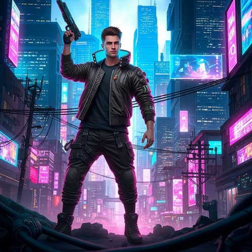 Dynamic Cyberpunk Cityscape: Young Man in Futuristic Setting