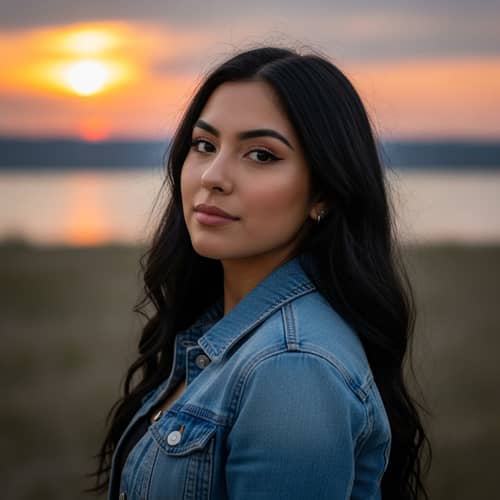 Young Hispanic Woman with Striking Features in Sunset Background