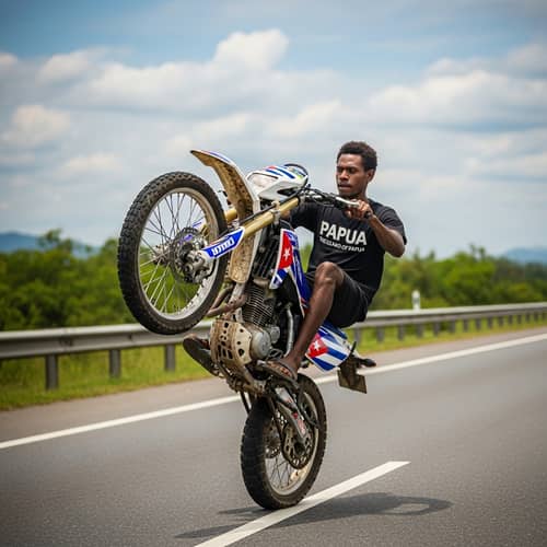 Melanesian Man Riding CRF Motorbike in Balance Wheeling feat