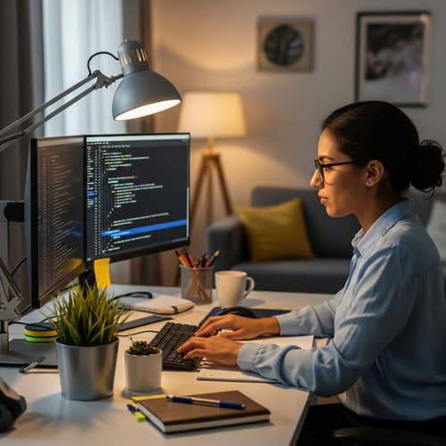 Middle Eastern Female GoLang Developer Working at Workstation