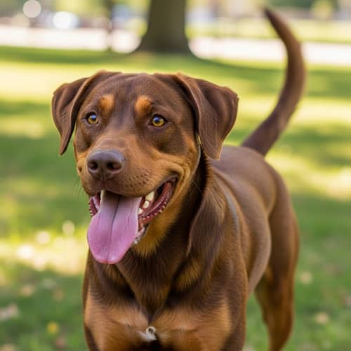 Playful Brown Fur Dog with Gleaming Eyes and Wagging Tail