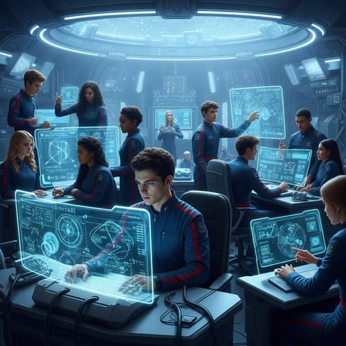 Futuristic Grade 12 Students Multicultural Scene | High-Tech Sci-Fi