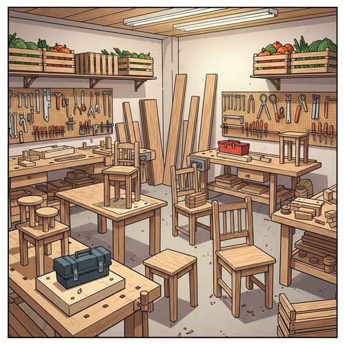 Carpenter's Workshop in Comic Book Style | Wooden Artefacts