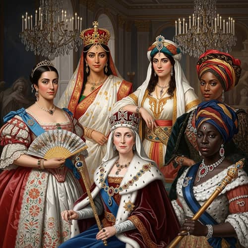 Historical Queens Painting - Diverse Royalty Depicted in Ornate Attire