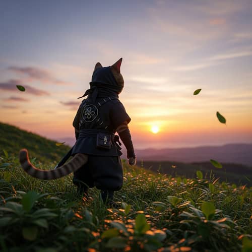 Hyper-Realistic Ninja Cat Perched at Sunset | Serene Hillside View
