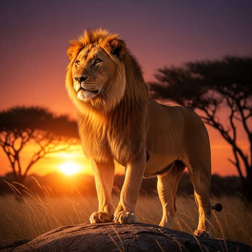 Majestic Male Lion in African Savannah at Sunset