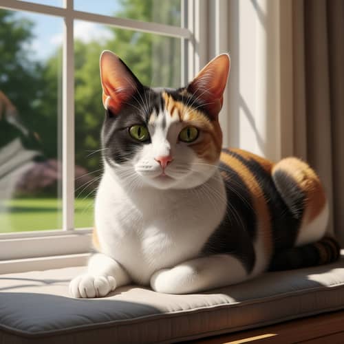 Detailed Image of Calico Cat Lounging on Sunlit Window Sill