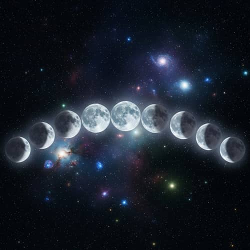 Moon in All Phases: Cold & Faint Colors in Vast Cosmos