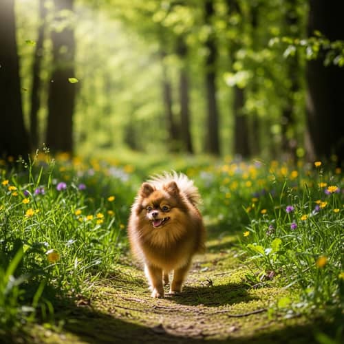 Charming Brown Pomeranian Exploring Lush Green Woods