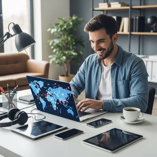 Ambitious Young Man Engaged in Global Digital Work